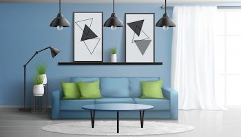 Comfortable house or apartment living room 3d realistic vector modern interior with soft sofa, glass coffee table, paintings on wall, white carpet on laminate floor, large window illustration Free Vector