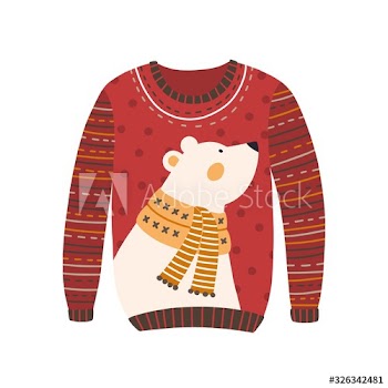 Comfortable red handmade Christmas sweater with cute white bear image isolated