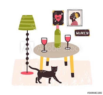 Comfy interior with cat, table with bottle and glasses on it and posters on the wall