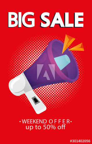 commercial label with big sale lettering and fifty percent discount design