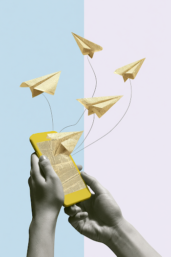 Communication in Flight: Grayscale Hands with Paper Airplanes and Smartphone