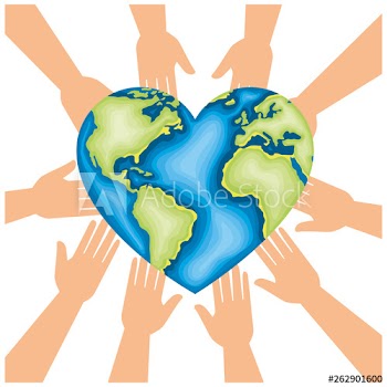 community hands with world planet earth
