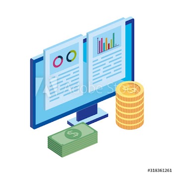 computer with infographic and stack cash design