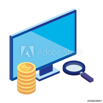 computer with magnifying glass and pile coins design