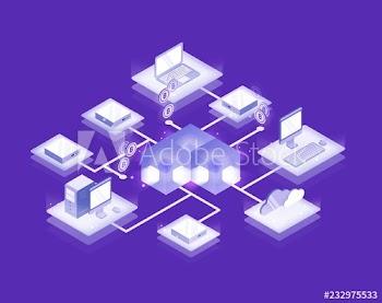 Computers and servers connected into blockchain formation, Bitcoin network