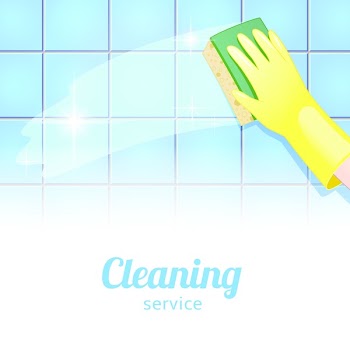 Concept background for cleaning service. Hand in yellow glove cleans the blue tile