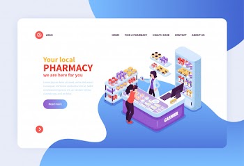Concept banner with customer and cashier workplace in local pharmacy 3d isometric  illustration Free Vector