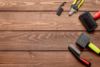 concept pet grooming on wooden background top view