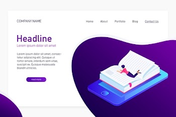 Concept web site main page with isometric concept of e-book. Landing page design with isometry. Person, woman lying and reading 3d eBook. Paper book with bookmark on phone screen. Vector illustration.