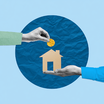 Conceptual Hands Offering Crumpled Coin to Cardboard House