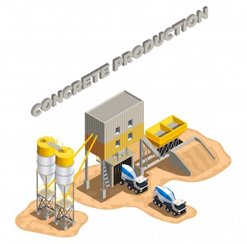 Concrete production isometric composition with editable text and factory buildings cement mixing plant facilities with conveyors Free Vector