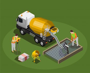 Concrete production isometric composition with mixing drum and cement mixer machine with human characters of workers Free Vector