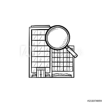 Condominium with magnifying glass hand drawn outline doodle icon