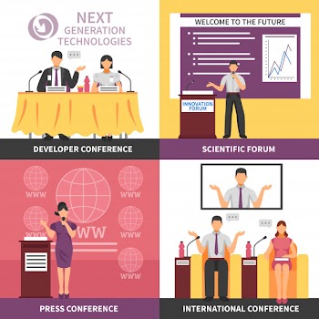 Conference hall interior icon set Free Vector