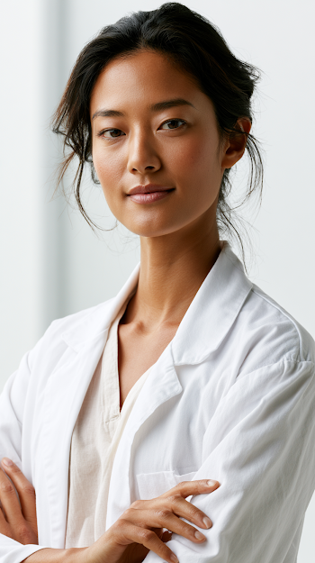 Confident Asian Female Doctor in White Coat