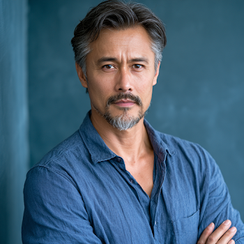 Confident Asian Man in Blue Shirt