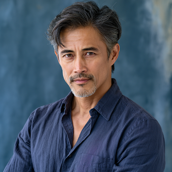 Confident Asian Man in Blue Shirt