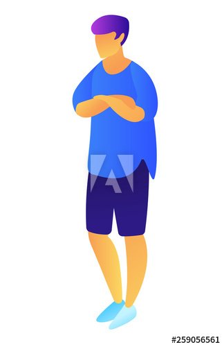 Confident businessman standing with folded arms at chest, tiny people isometric 3D illustration