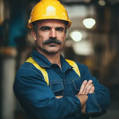 Confident construction worker in blue overalls and yellow hard hat