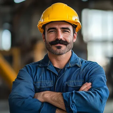 Confident Construction Worker in Bright Hard Hat and Blue Shirt