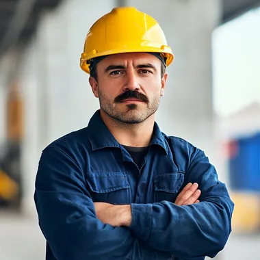 Confident construction worker in yellow hard hat and blue uniform