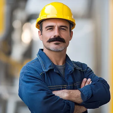 Confident Construction Worker with Mustache and Hard Hat on Site