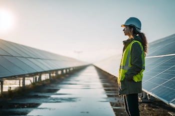 Confident Female Engineer at Modern Solar Farm
