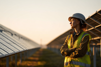 Confident Female Engineer in Solar Farm