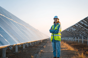 Confident Female Engineer in Solar Farm