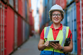 Confident Female Logistics Worker in Shipping Container Yard