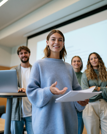 Confident Female Student Presenting in Modern Classroom