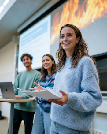 Confident Female Student Presenting in Modern Classroom