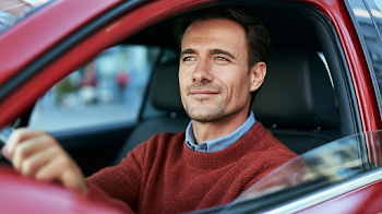 Confident Man in Modern Red Car