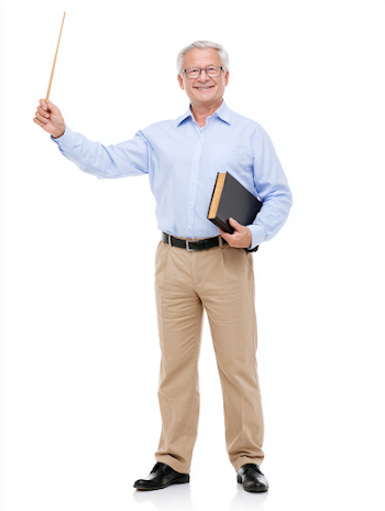 Confident Middle-Aged Teacher Holding Pointer and Book