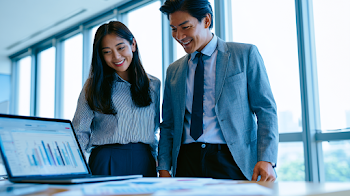 Confident Professionals Analyzing Growth Charts in Modern Office