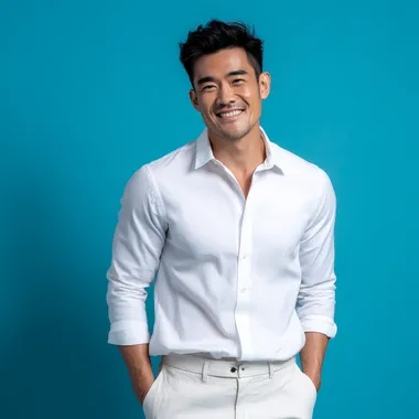Confident Thai Male Model in White Shirt Against Blue Background Confident Thai Male Model in White Shirt Against Blue Background