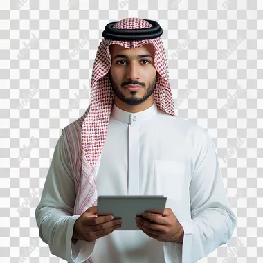 Confident Young Man in Saudi Thobe with Tablet