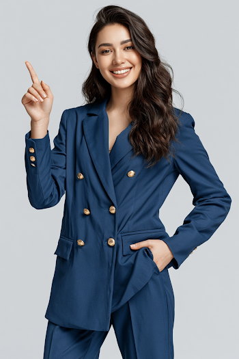 Confident Young Woman in Tailored Navy Blazer