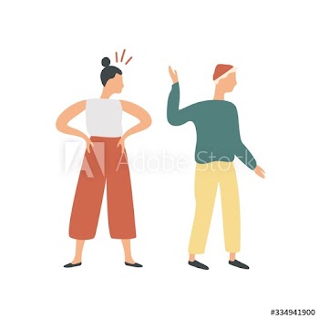Conflict of colorful cartoon couple isolated on white background