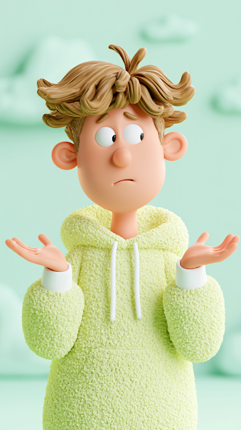 Confused Cartoon Boy in Fuzzy Hoodie