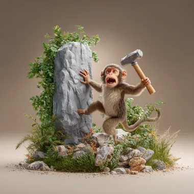 Confused Monkey with Ancient Hammer in a Natural Setting Confused Monkey with Ancient Hammer in a Natural Setting