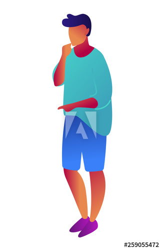 Confused young businessman with thinking gesture pointing with finger, tiny people isometric 3D illustration