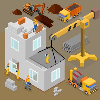 Construction isometric composition with human characters of laborers and builders during building process operated by machines Free Vector