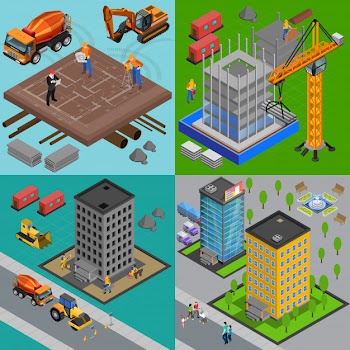 Construction isometric design concept with view of building yards and houses at different points of construction vector illustration Free Vector