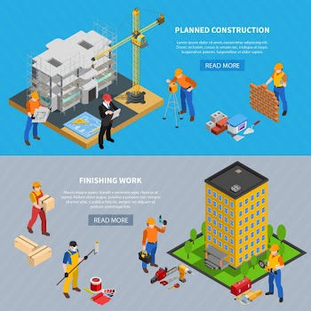Construction isometric set of two horizontal banners with building images editable text and read more button Free Vector