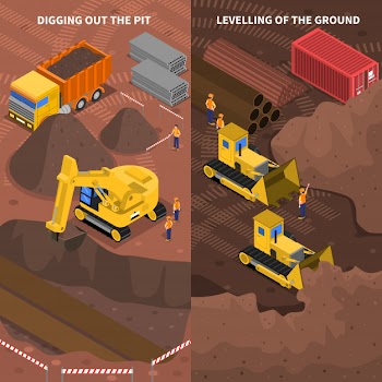 Construction machinery isometric vertical banners set