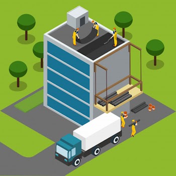 Construction workers completing building isometric banner