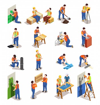 Construction workers with professional equipment collection Free Vector