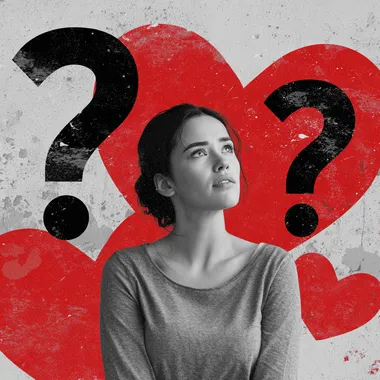 Contemplative Woman Surrounded by Hearts and Question Marks