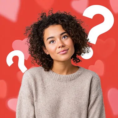Contemplative Woman with Hearts and Question Marks Contemplative Woman with Hearts and Question Marks